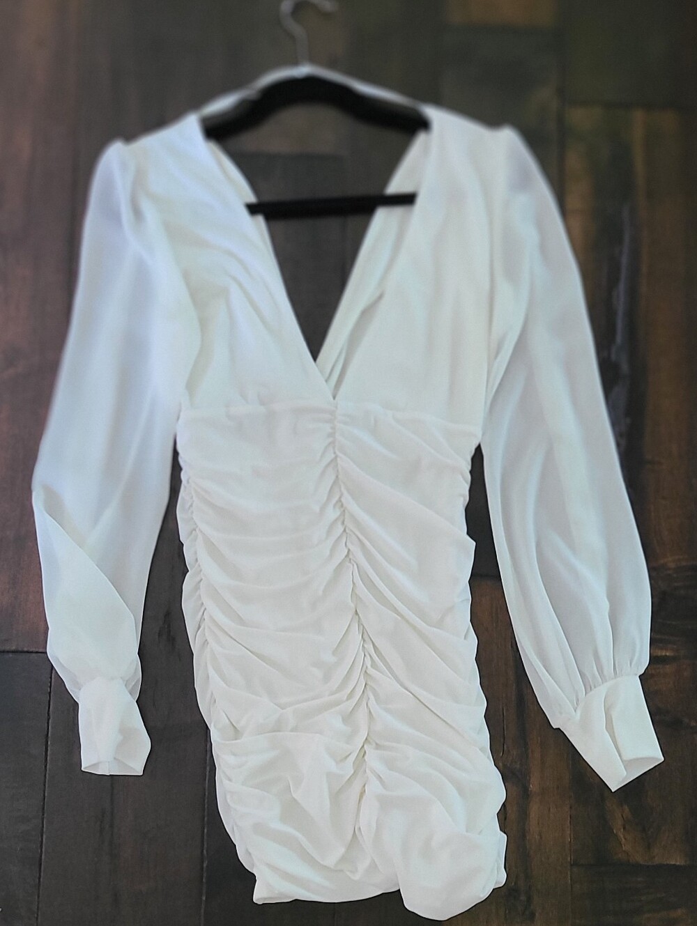 Windsor White Ruched V-Neck Mini Dress